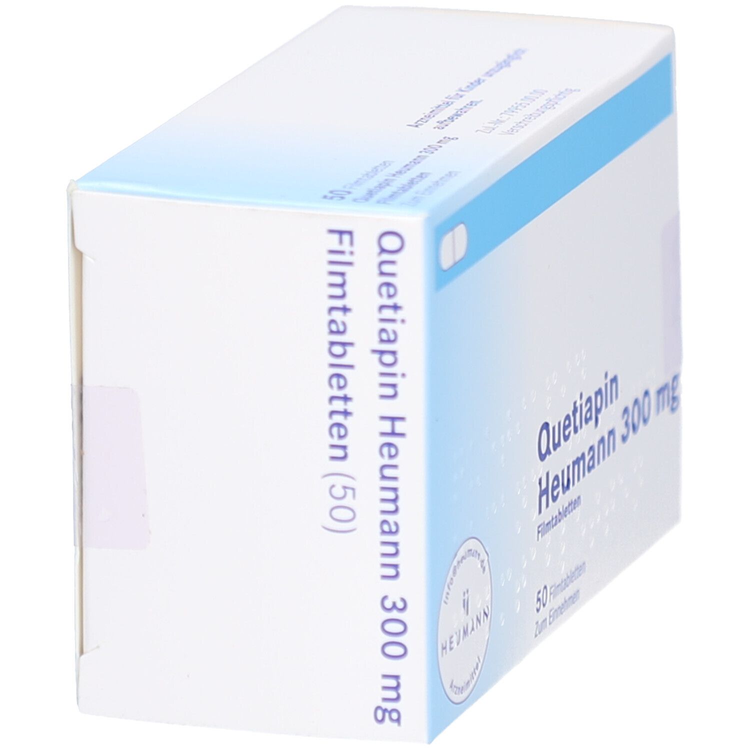 Schachtel "Quetiapin Heumann 300 mg Filmtabletten" in Schrägansicht. Blaue und weiße Farbgebung. 50 Filmtabletten.