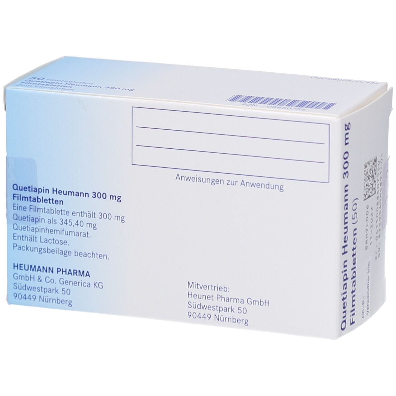 Rückseite der Schachtel "Quetiapin Heumann 300 mg Filmtabletten". Enthält Informationen und Anweisungen.