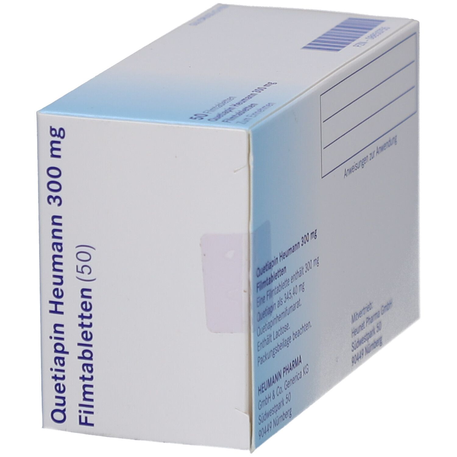 Schachtel "Quetiapin Heumann 300 mg Filmtabletten" in Schrägansicht. Enthält Informationen und Anweisungen.