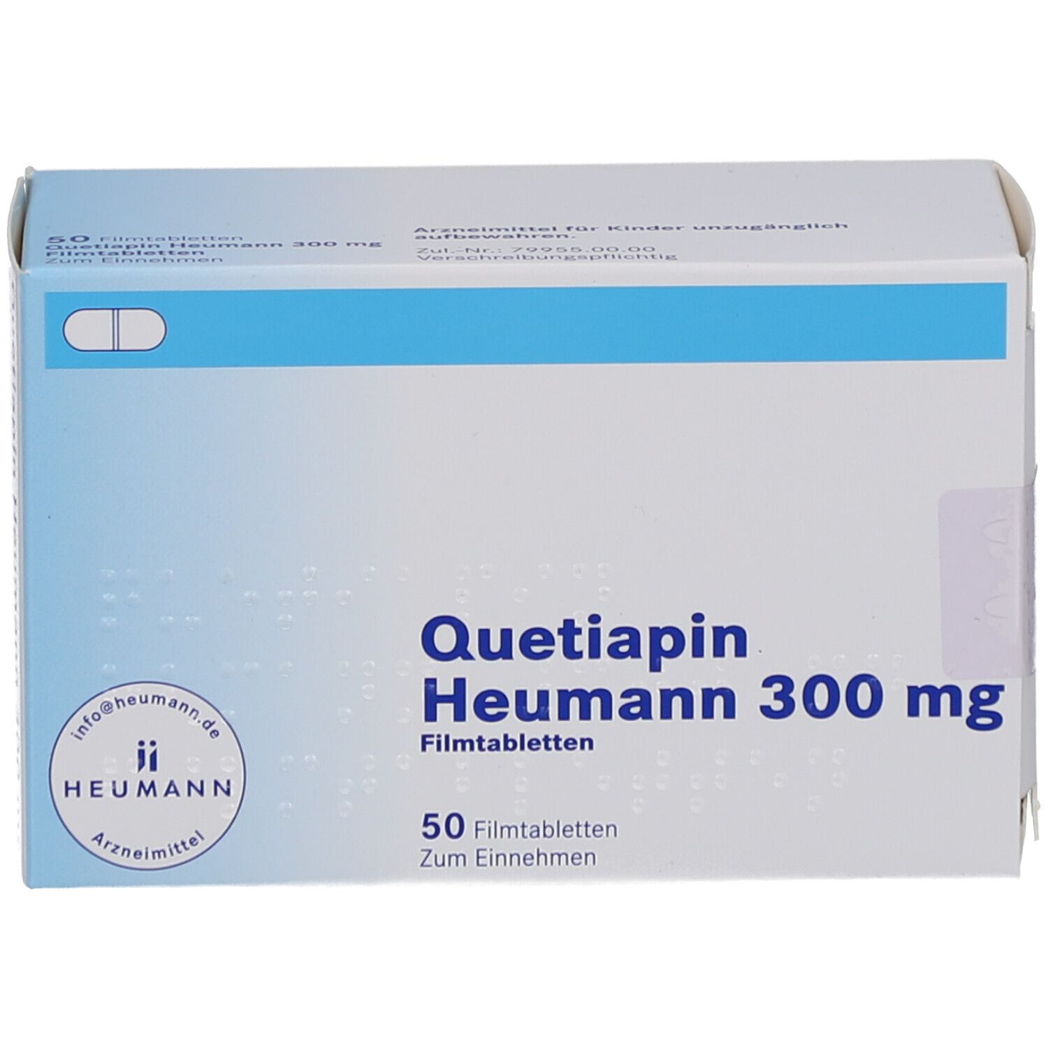 Schachtel "Quetiapin Heumann 300 mg Filmtabletten". Blaue und weiße Farbgebung. 50 Filmtabletten.