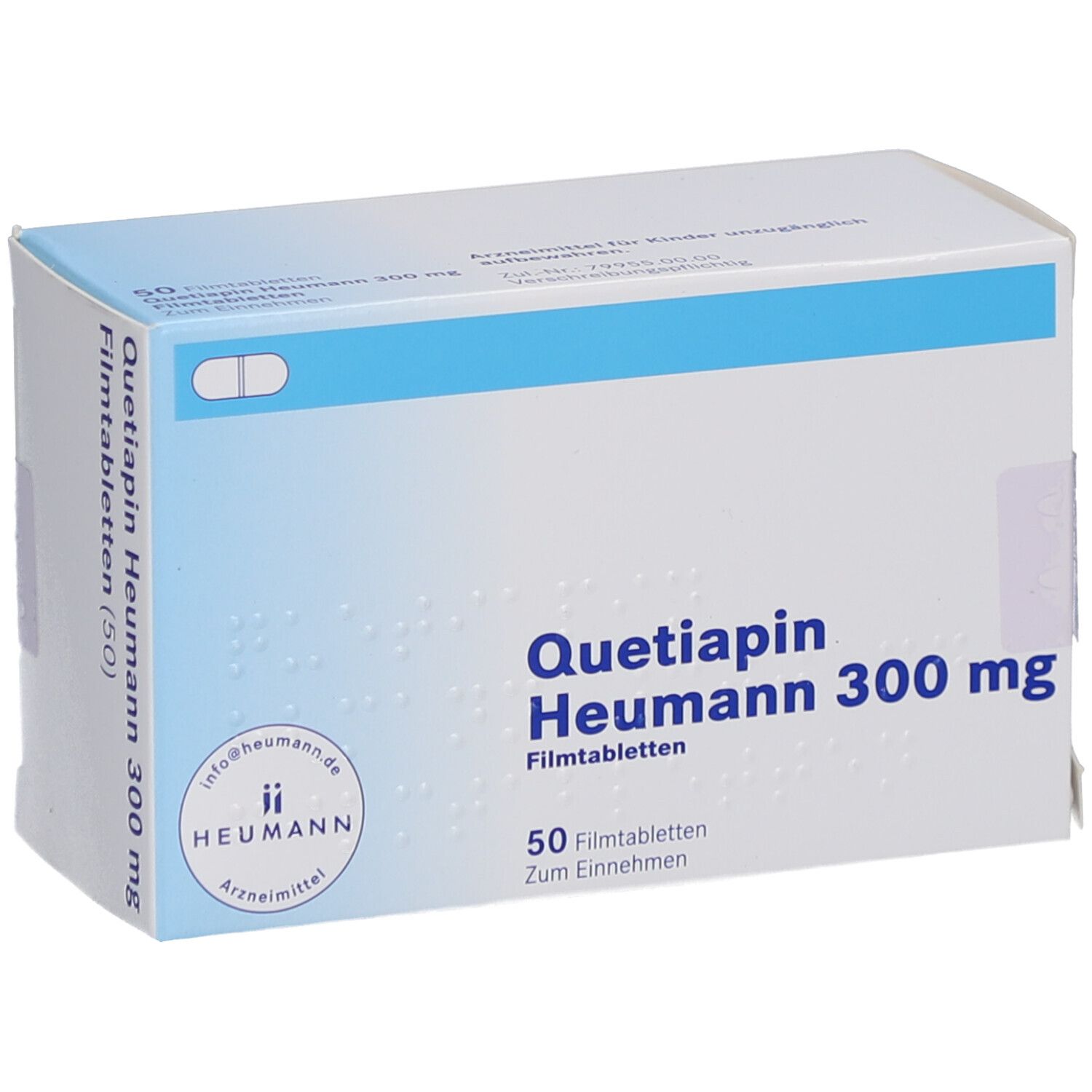 Schachtel "Quetiapin Heumann 300 mg Filmtabletten". Blaue und weiße Farbgebung. 50 Filmtabletten.