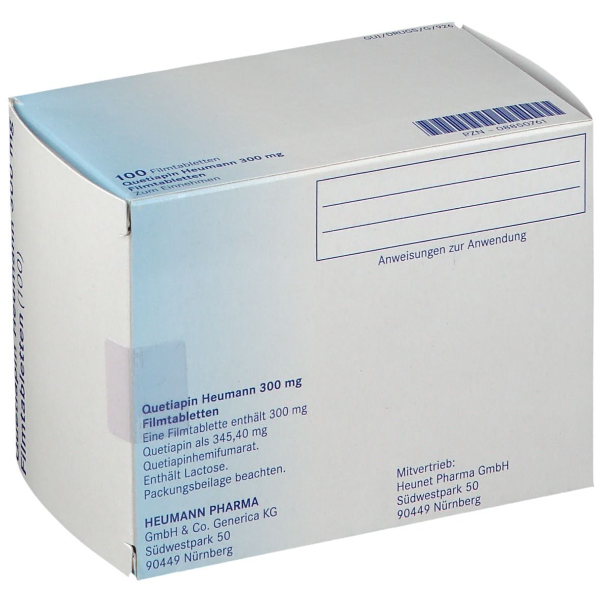 Seitenansicht der Quetiapin Heumann 300 mg Filmtabletten-Packung mit detaillierten Produktinformationen.