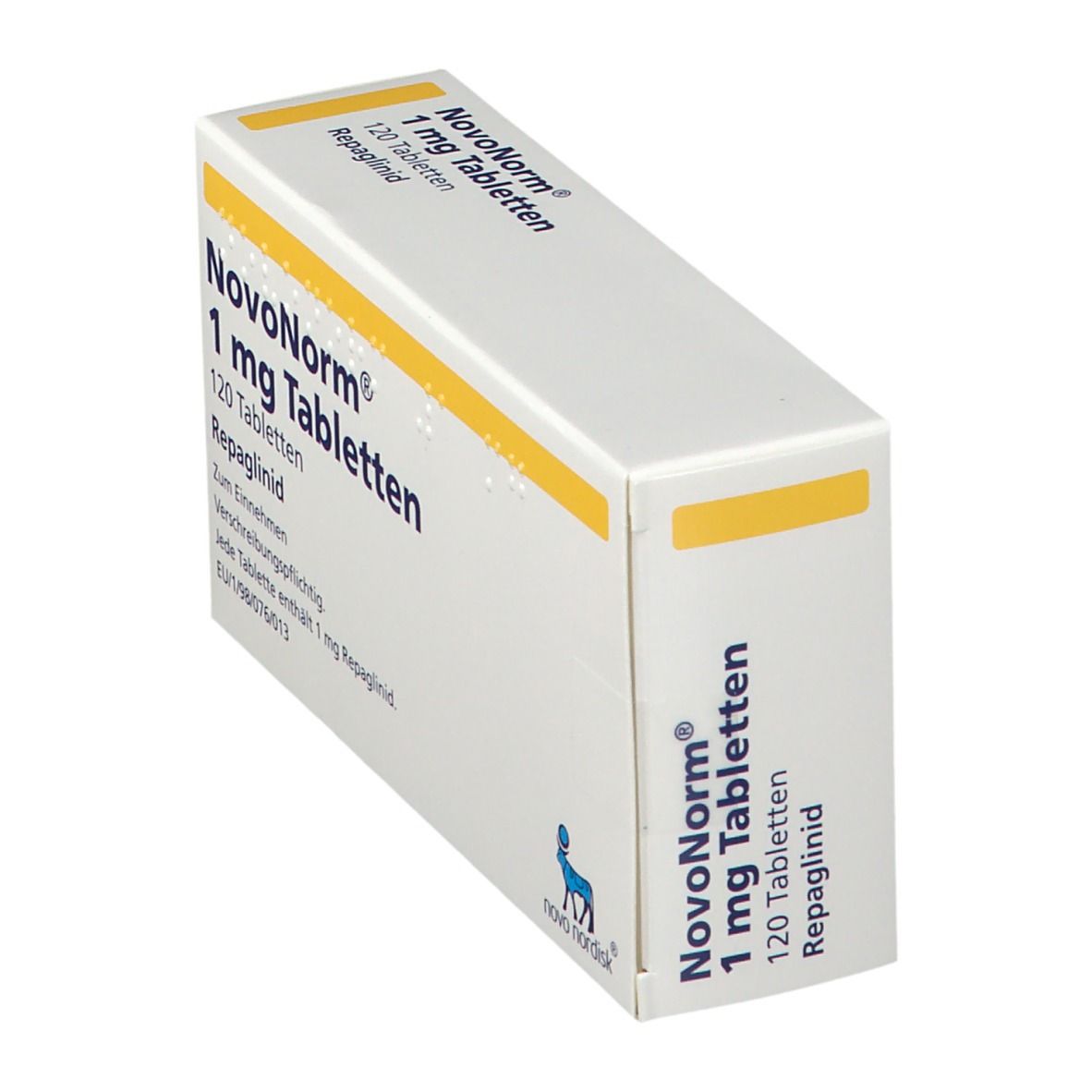 Weiße rechteckige Schachtel mit gelben Akzenten. Aufschrift: NovoNorm 1 mg Tabletten, 120 Tabletten, Repaglinid. Logo Novo Nordisk.