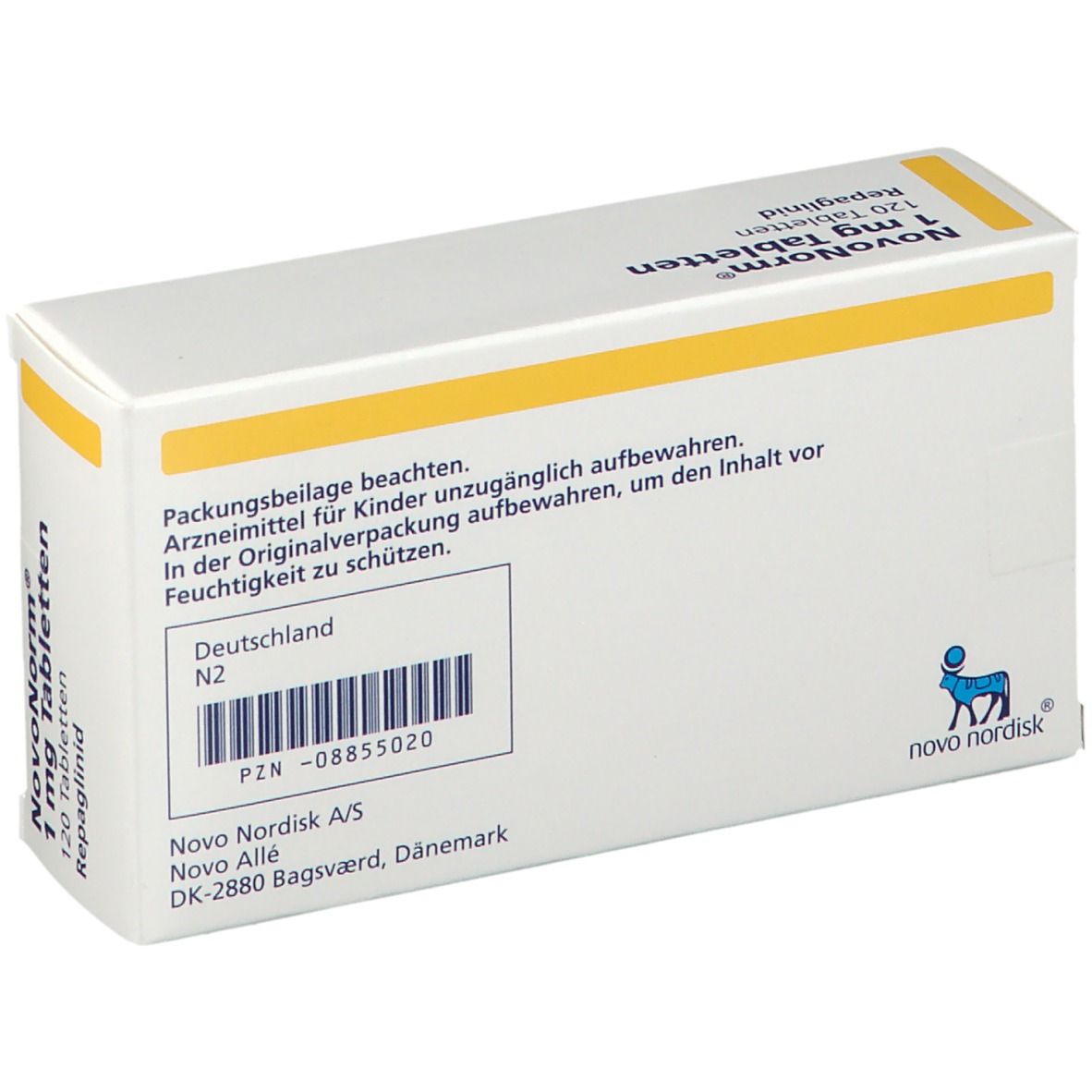 Rückseite einer weißen rechteckigen Schachtel. Aufschrift: NovoNorm 1 mg Tabletten, 120 Tabletten, Repaglinid. Logo Novo Nordisk.