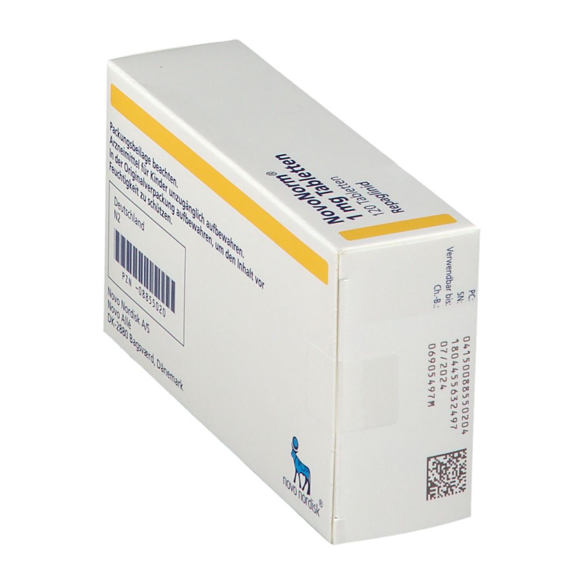 Schachtel schräg von oben. Aufschrift: NovoNorm 1 mg Tabletten, 120 Tabletten, Repaglinid. Logo Novo Nordisk. Mit gelben Akzenten.