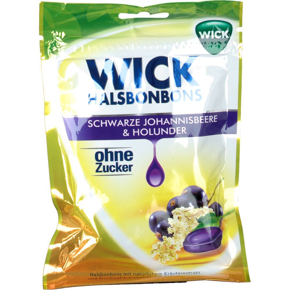 Beutel mit WICK Halsbonbons. Aufschrift: Schwarze Johannisbeere & Holunder ohne Zucker. Abbildung von Früchten.