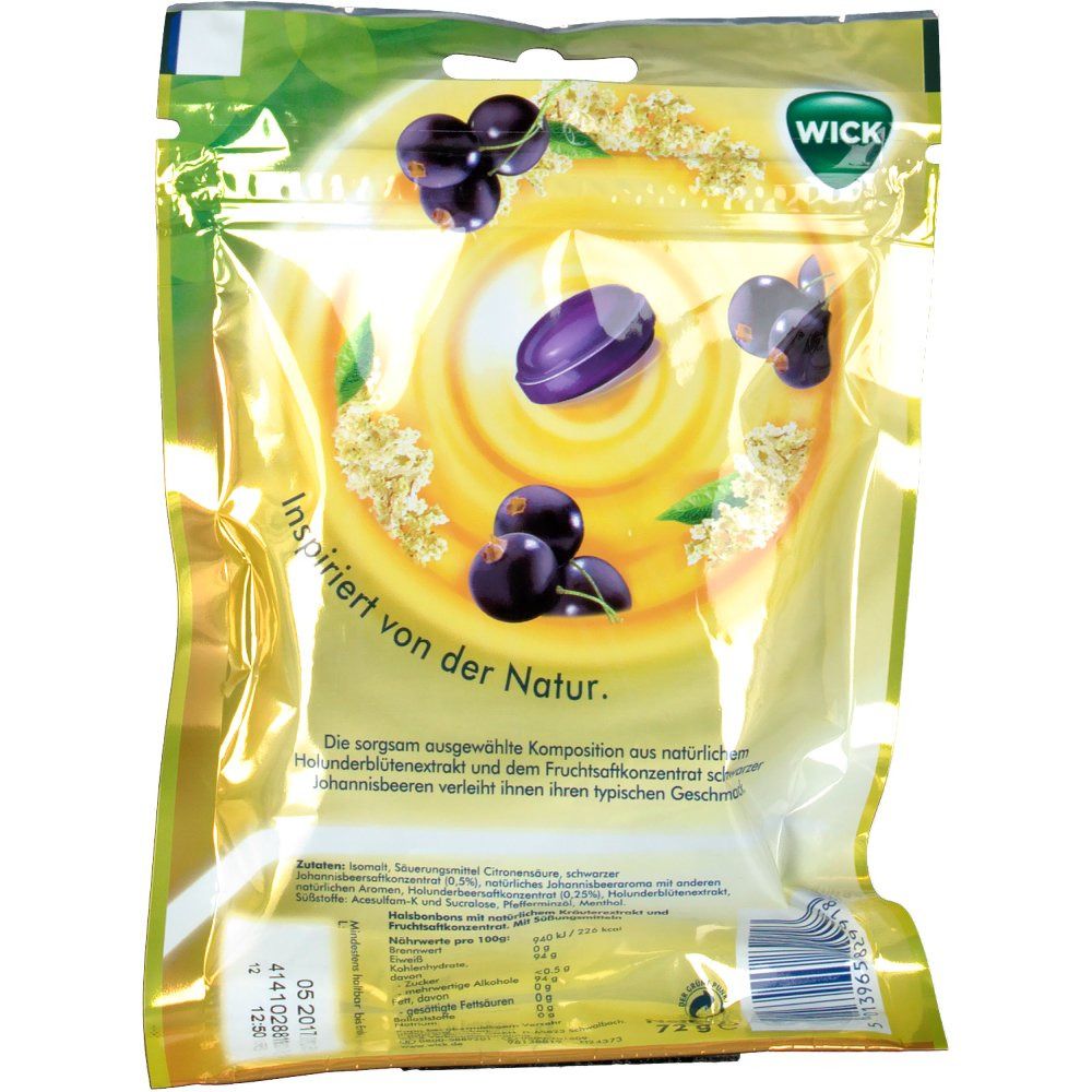 Rückseite der WICK Halsbonbons-Verpackung. Text: Inspiriert von der Natur. Abbildung von Früchten und Blüten.