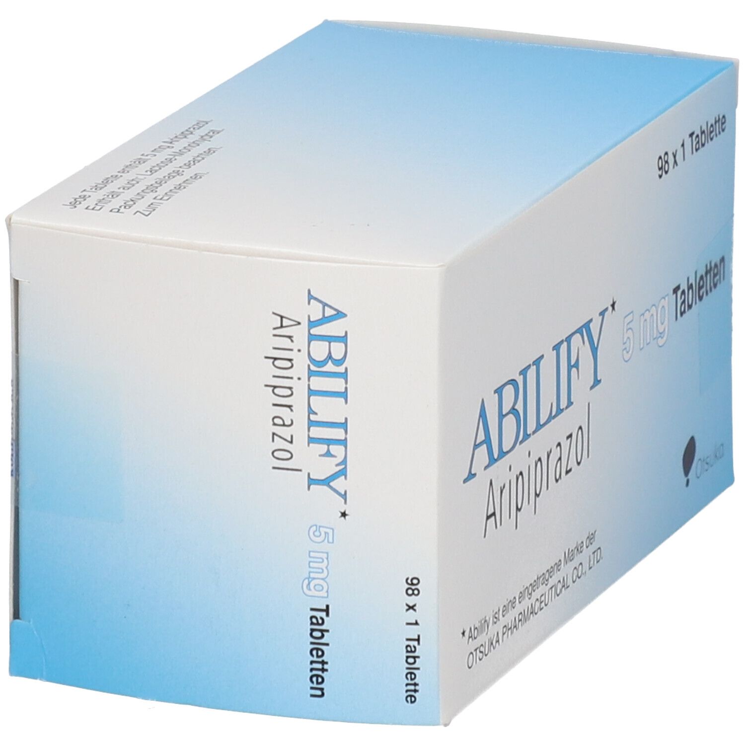 Schachtel mit Abilify 5 mg Tabletten. Aufschrift: Abilify, Aripiprazol, 5 mg Tabletten. 98 x 1 Tablette.