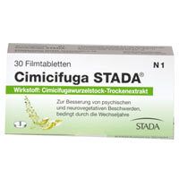 Schachtel mit "Cimicifuga STADA® Filmtabletten". Enthält 30 Tabletten. Mit Wirkstoff- und Herstellerangaben.