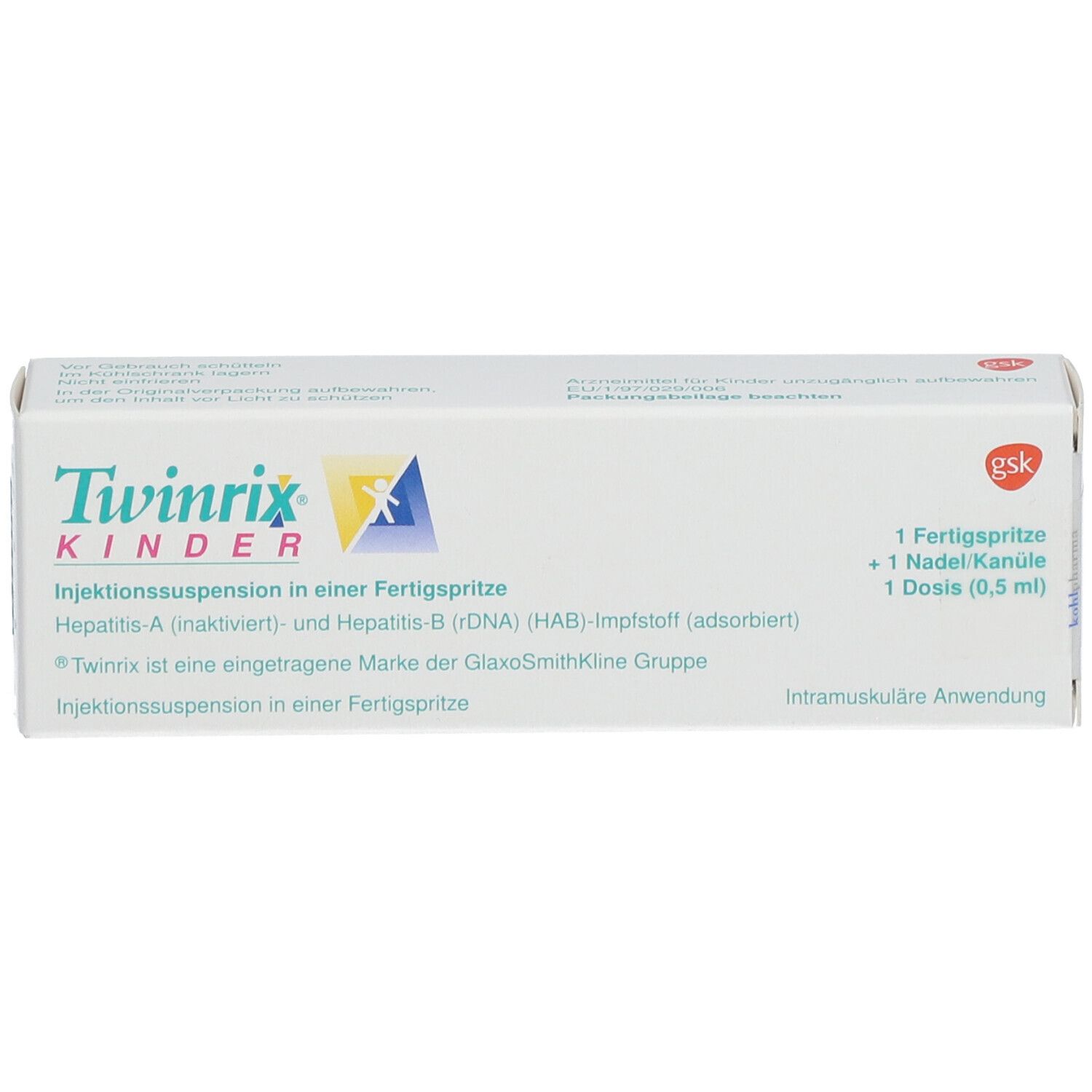 Twinrix Kinder-Packung. Enthält eine Fertigspritze, eine Nadelkanüle und eine Dosis (0,5 ml).