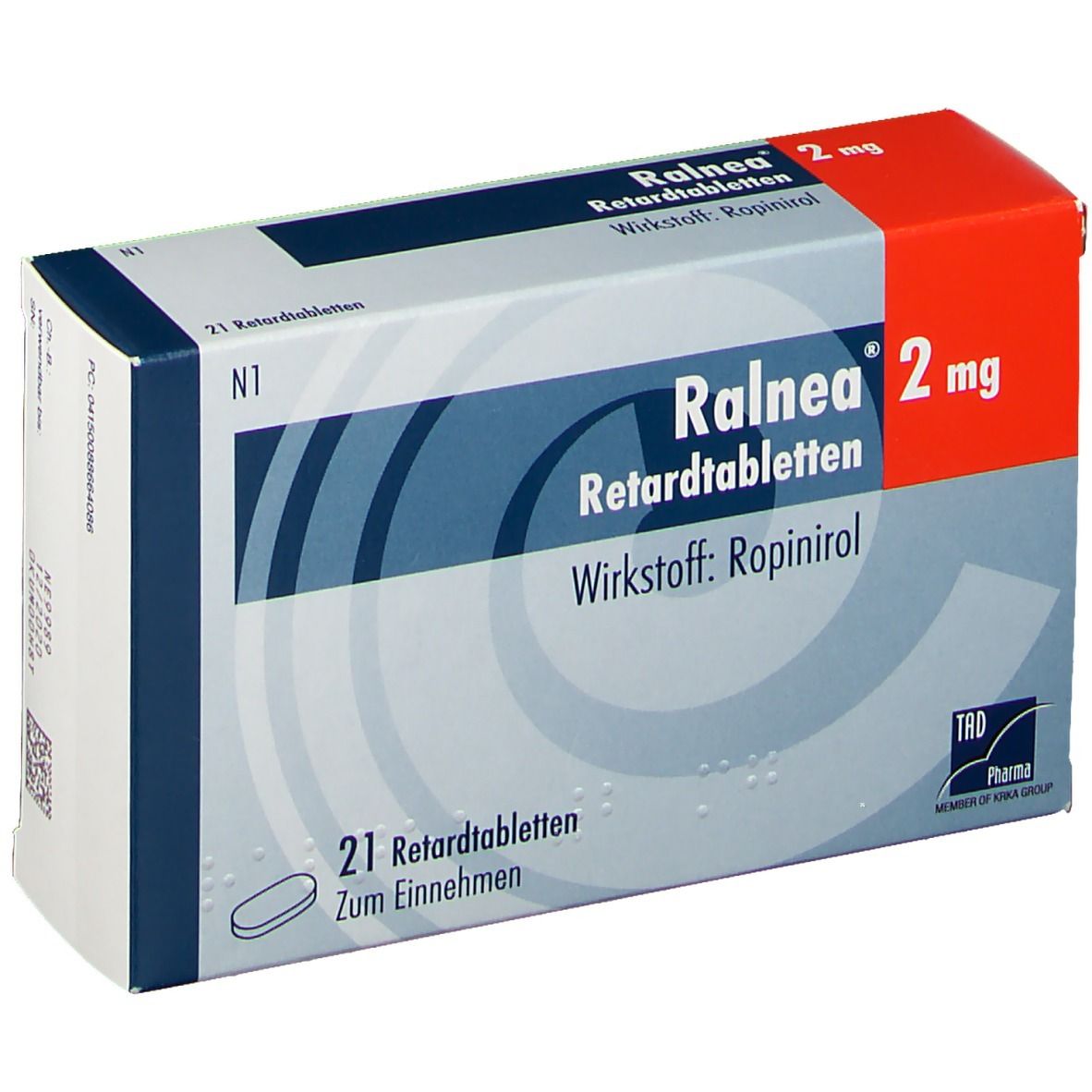 Schachtel mit Tabletten. Aufdruck: Ralnea 2 mg Retardtabletten, Wirkstoff Ropinirol. 21 Tabletten. N1.