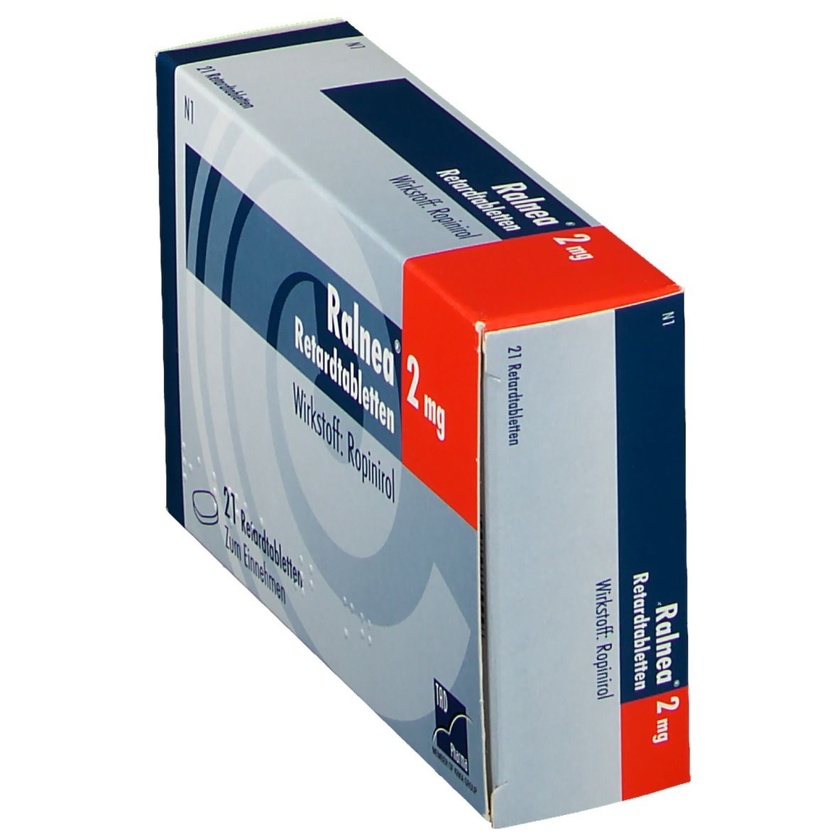 Schachtel mit Tabletten, schräg. Aufdruck: Ralnea 2 mg Retardtabletten, Wirkstoff Ropinirol. 21 Tabletten. N1.