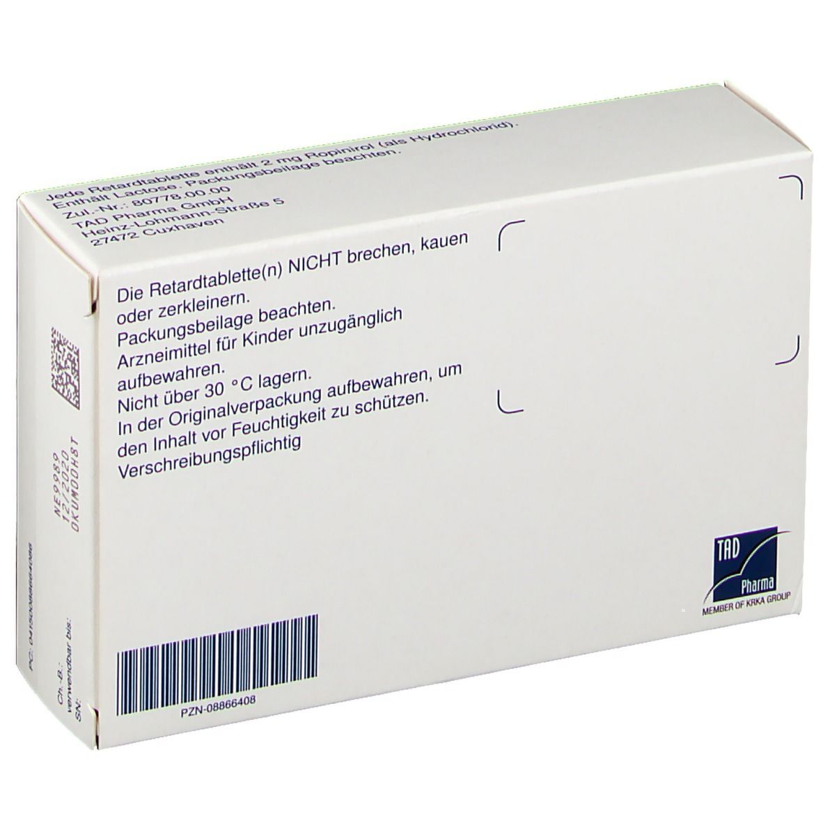 Rückseite der Tablettenschachtel. Text: Die Retardtablette(n) NICHT brechen, kauen oder zerkleinern. PZN-08866408.