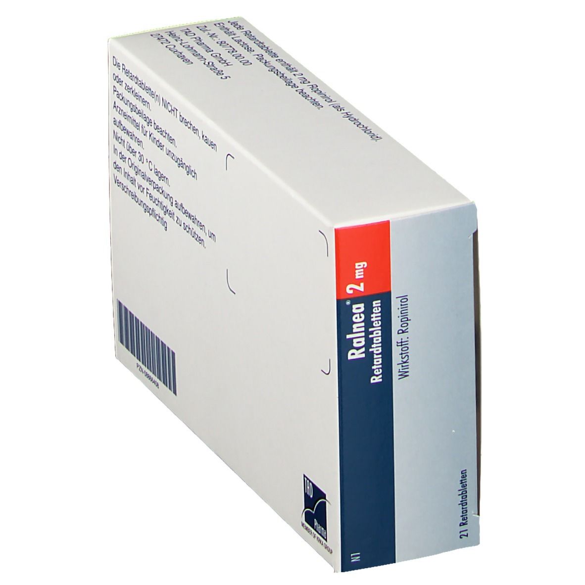 Schachtel mit Tabletten, schräg. Aufdruck: Ralnea 2 mg Retardtabletten, Wirkstoff Ropinirol. 21 Tabletten. N1.