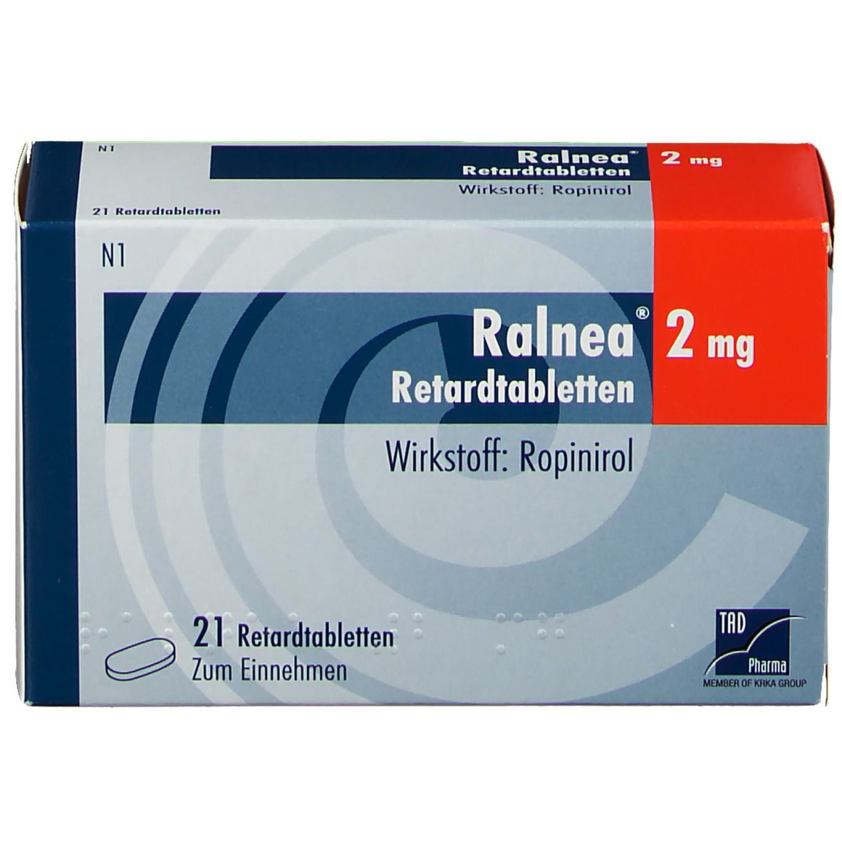 Schachtel mit Tabletten. Aufdruck: Ralnea 2 mg Retardtabletten, Wirkstoff Ropinirol. 21 Tabletten. N1.
