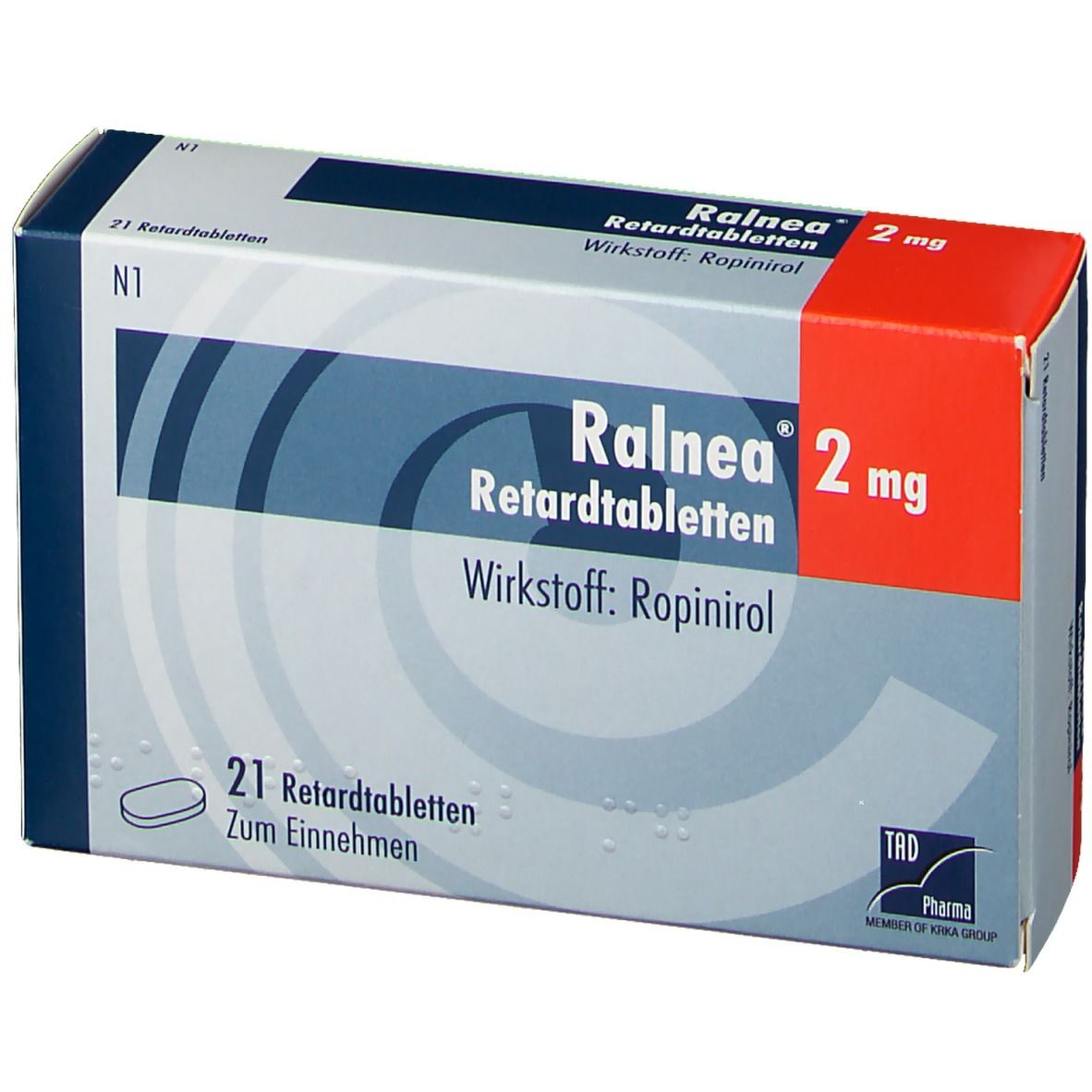 Schachtel mit Tabletten. Aufdruck: Ralnea 2 mg Retardtabletten, Wirkstoff Ropinirol. 21 Tabletten. N1.