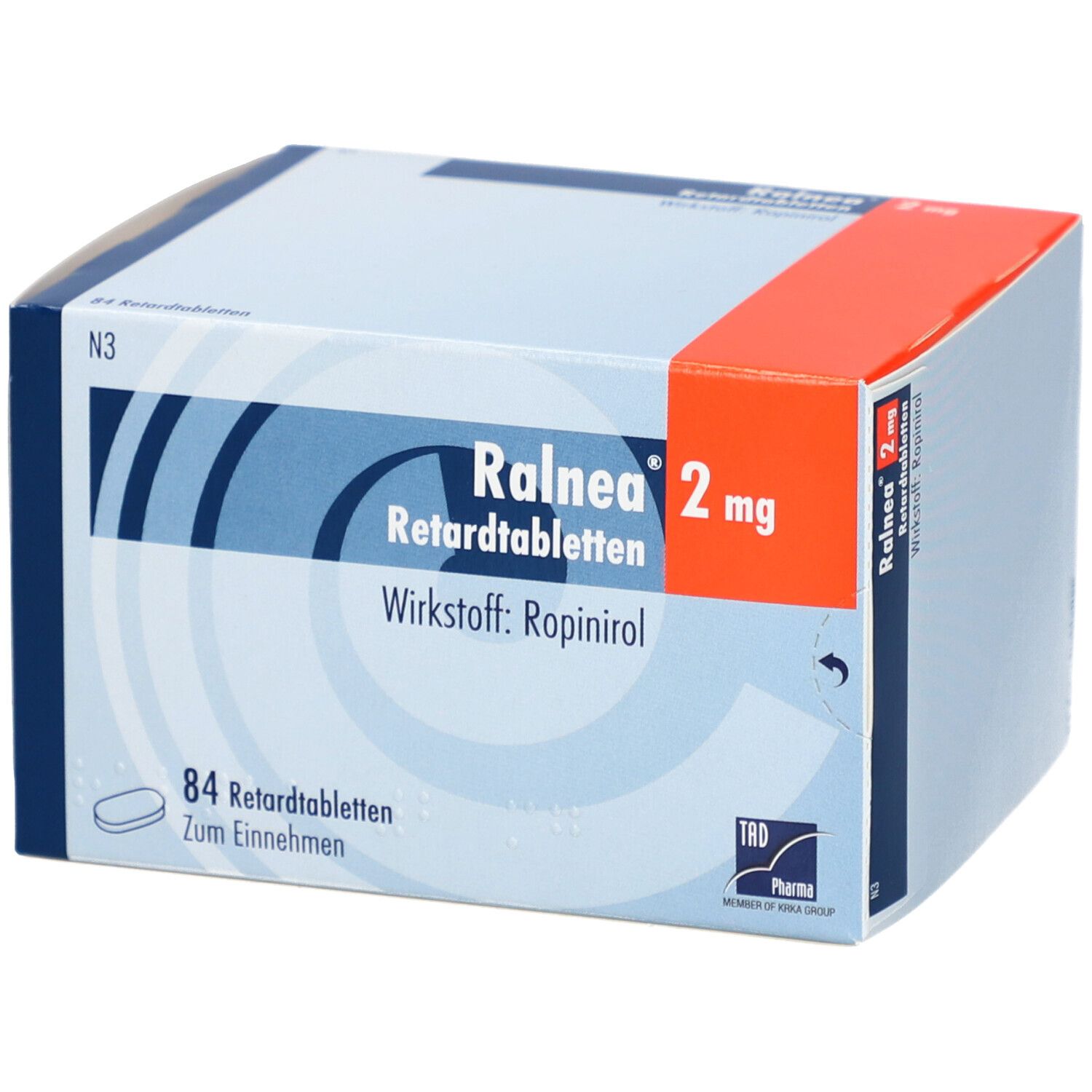 Schachtel mit Ralnea 2 mg Retardtabletten. Aufschrift: Wirkstoff Ropinirol, 84 Tabletten. TRD Pharma Logo.