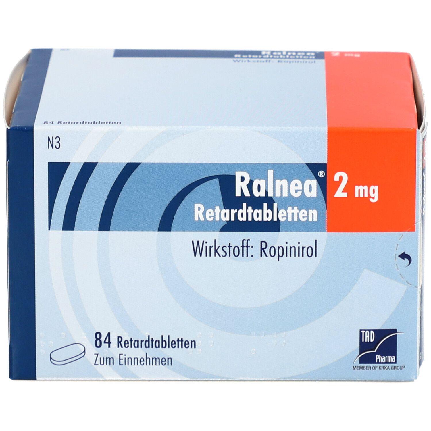 Schachtel mit Ralnea 2 mg Retardtabletten. Aufschrift: Wirkstoff Ropinirol, 84 Tabletten. TRD Pharma Logo.