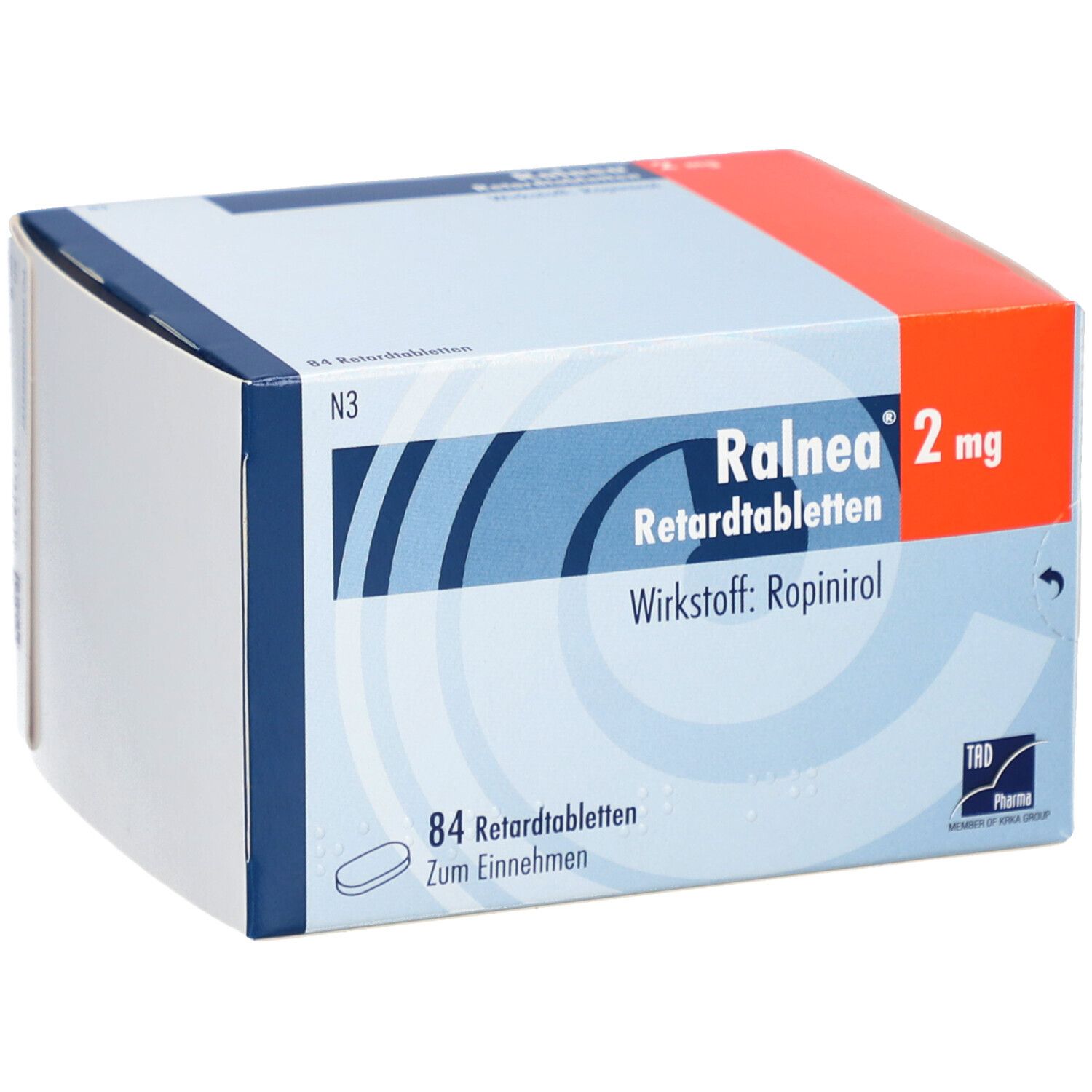 Schachtel mit Ralnea 2 mg Retardtabletten. Aufschrift: Wirkstoff Ropinirol, 84 Tabletten. TRD Pharma Logo.