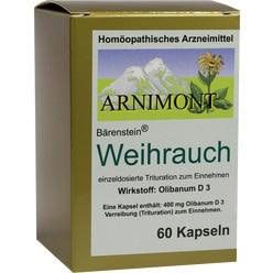 Braune Schachtel mit weißem Etikett. Aufschrift: ARNIMONT Bärenstein Weihrauch, 60 Kapseln.