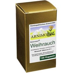 Goldfarbene Schachtel mit Produktinformationen und dem Schriftzug "ARNIMONT Bärenstein® Weihrauch". Enthält 120 Kapseln.