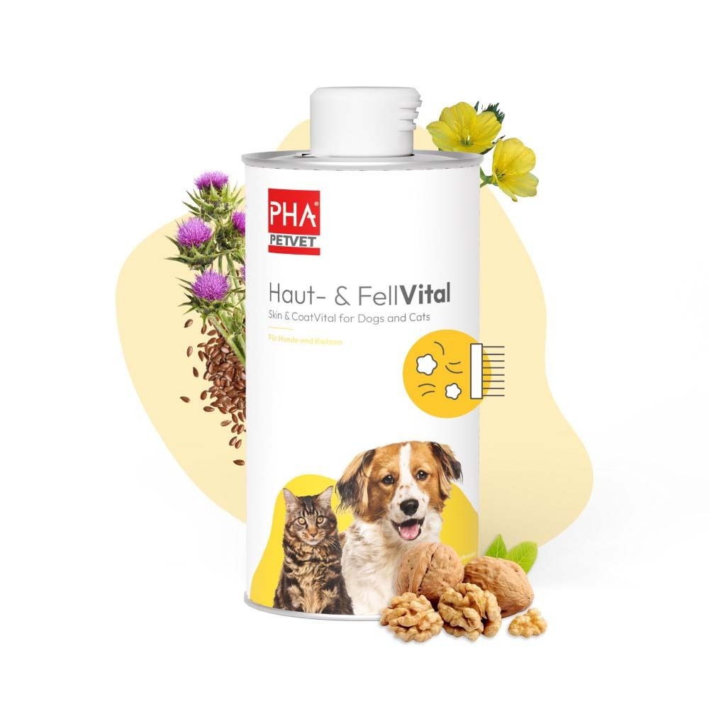 Dose mit Produkt. Abbildung von Katze, Hund, Distel, Leinsamen und Walnüssen. Gelber Hintergrund.
