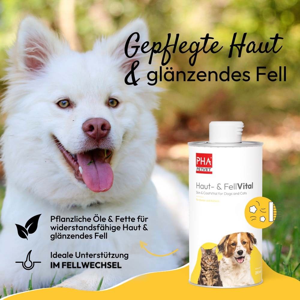 Produkt mit Hund. Text: Gepflegte Haut & glänzendes Fell. Icons: Blatt, Tropfen, Fellwechsel.