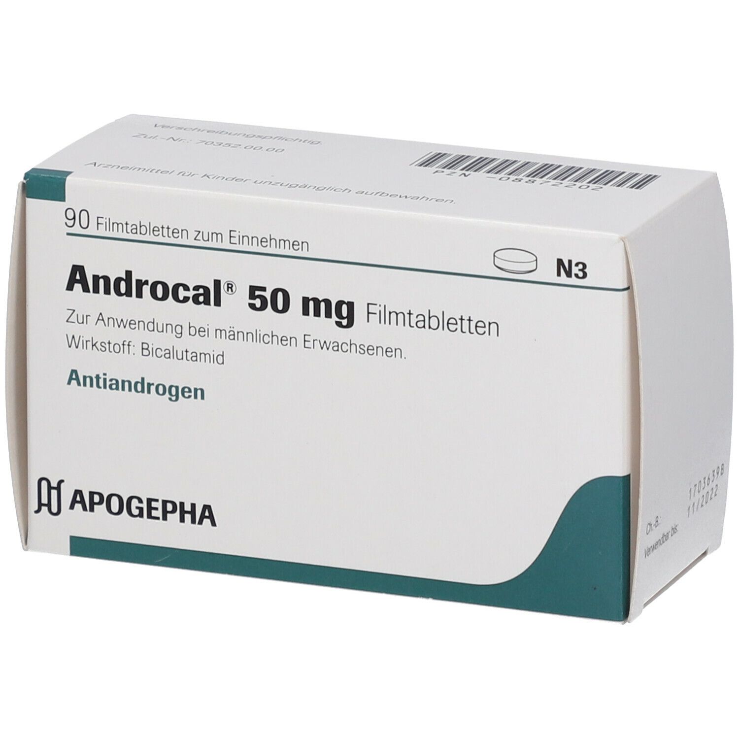 Schachtel mit Androcal 50 mg Filmtabletten. Enthält 90 Tabletten. Marke APOGEPHA. Text: Antiandrogen, Bicalutamid.