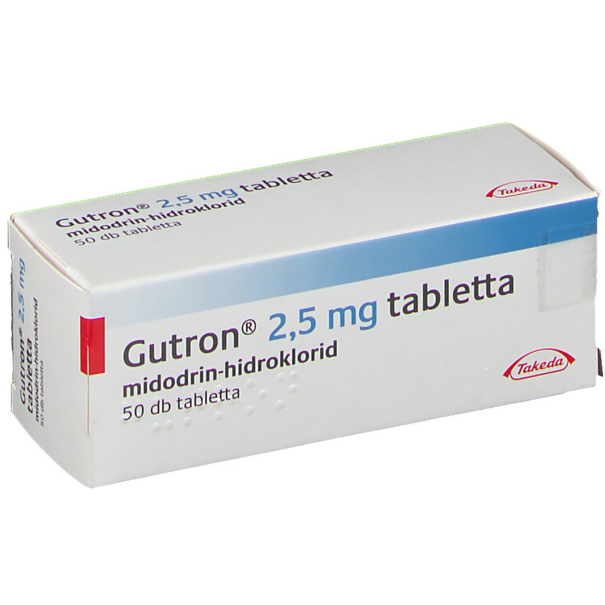 Weiße Schachtel mit blauer Linie. Aufschrift: Gutron 2,5 mg tabletta, midodrin-hidroklorid, 50 db tabletta. Takeda-Logo.