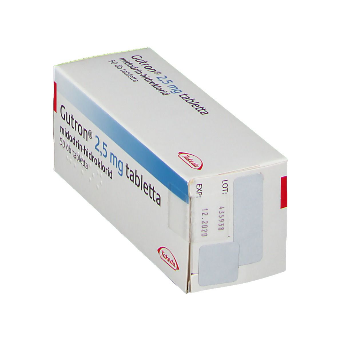 Schachtel, schräg. Aufschrift: Gutron 2,5 mg tabletta, midodrin-hidroklorid, 50 db tabletta. Takeda-Logo. Aufkleber mit Daten.