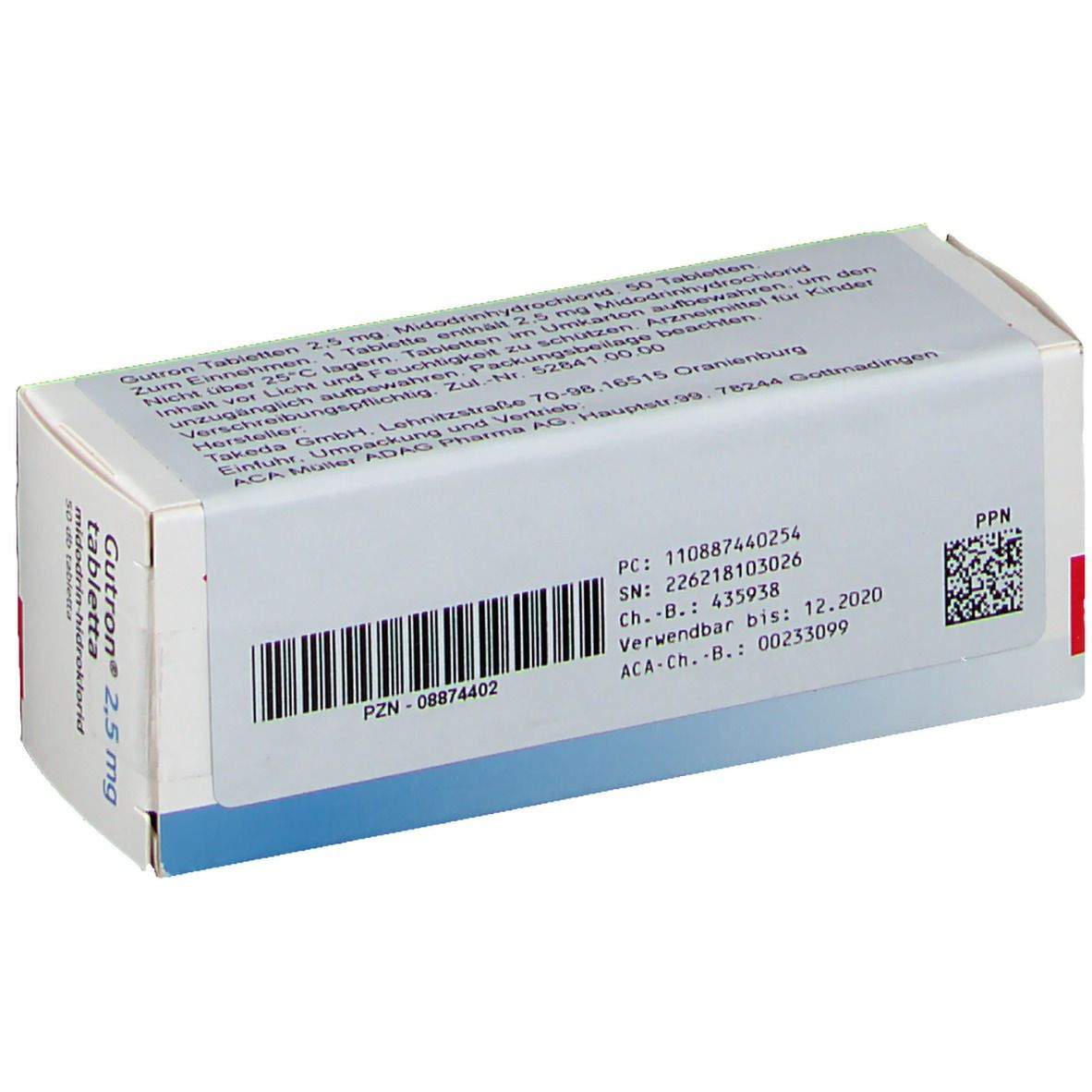 Rückseite der Schachtel. Aufschrift: Gutron 2,5 mg tabletta, midodrin-hidroklorid, 50 tabletten. Barcode, Daten, Logo.