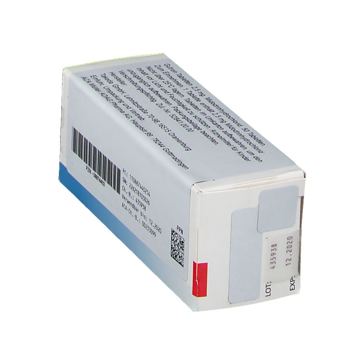 Schachtel, schräg, Rückseite. Aufschrift: Gutron 2,5 mg tabletta, midodrin-hidroklorid, 50 tabletten. Barcode, Daten, Logo.