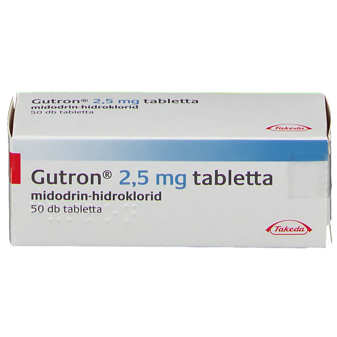 Schachtel, Draufsicht. Aufschrift: Gutron 2,5 mg tabletta, midodrin-hidroklorid, 50 db tabletta. Takeda-Logo.