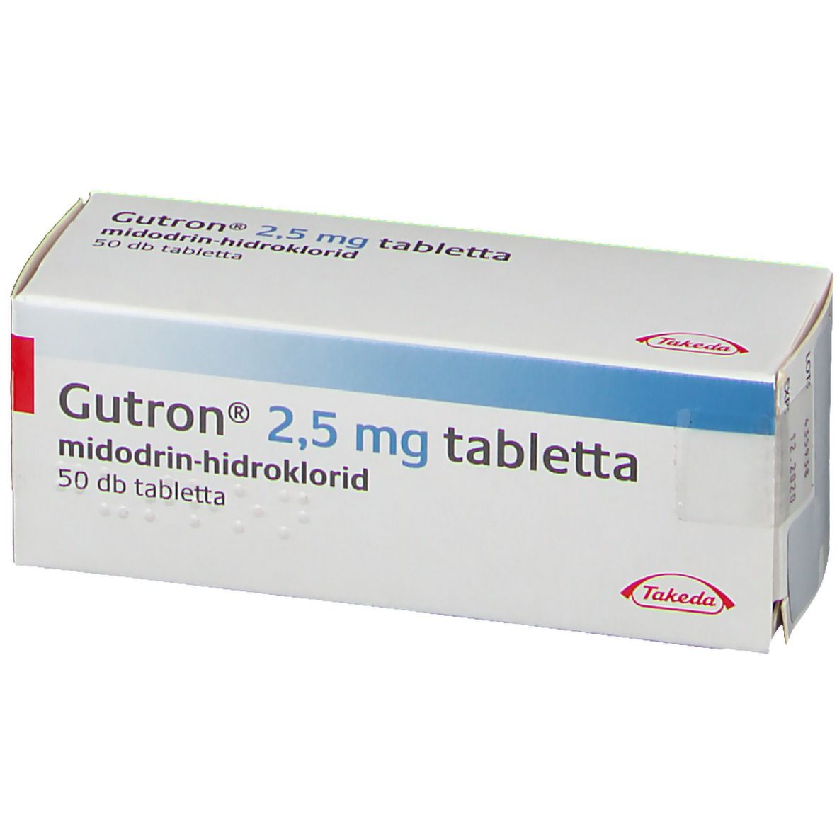 Schachtel, leicht schräg. Aufschrift: Gutron 2,5 mg tabletta, midodrin-hidroklorid, 50 db tabletta. Takeda-Logo.