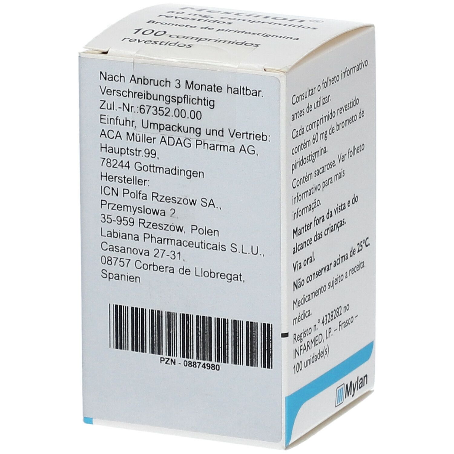 Rückseite der MESTINON 60mg Tabletten-Schachtel. Textinformationen und Barcode auf weißem Grund.