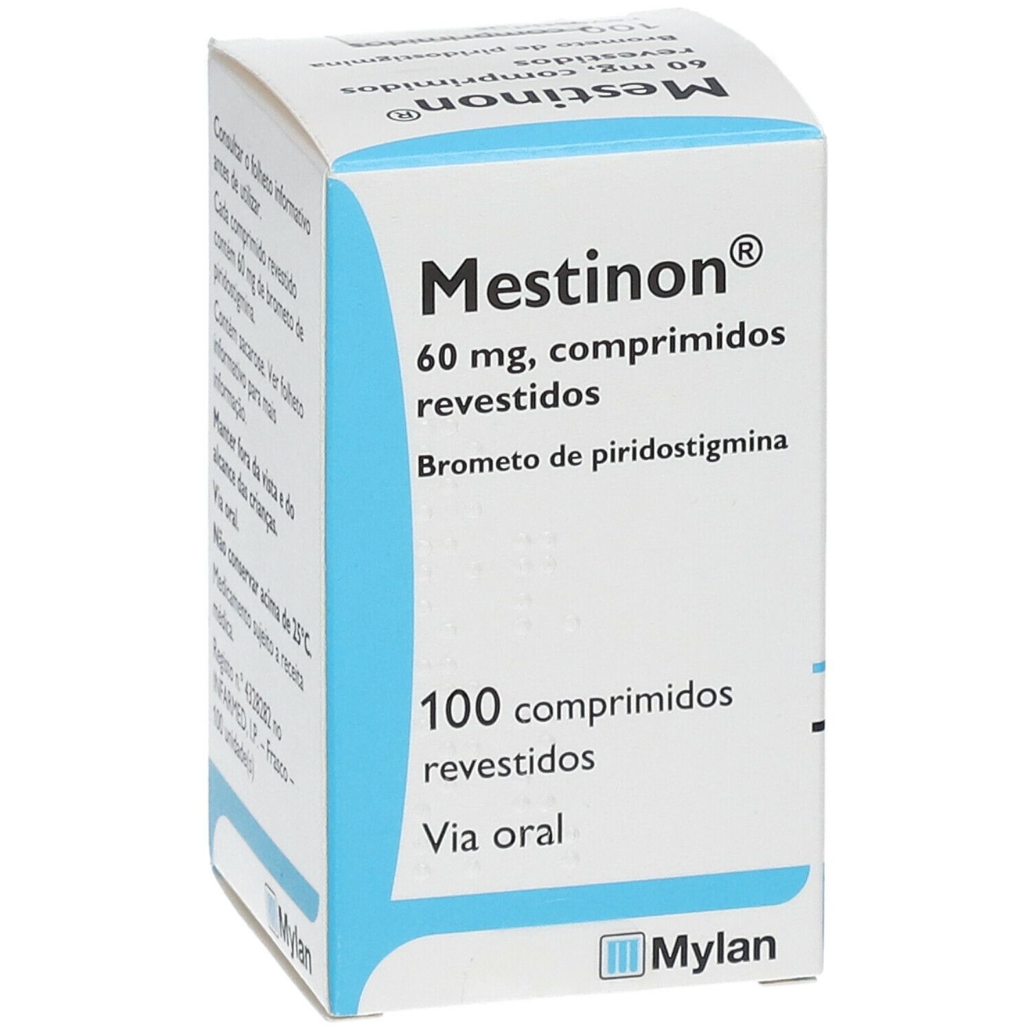 Vorderansicht der MESTINON 60mg Tabletten-Schachtel. Blaue und weiße Verpackung mit Produktinformationen.