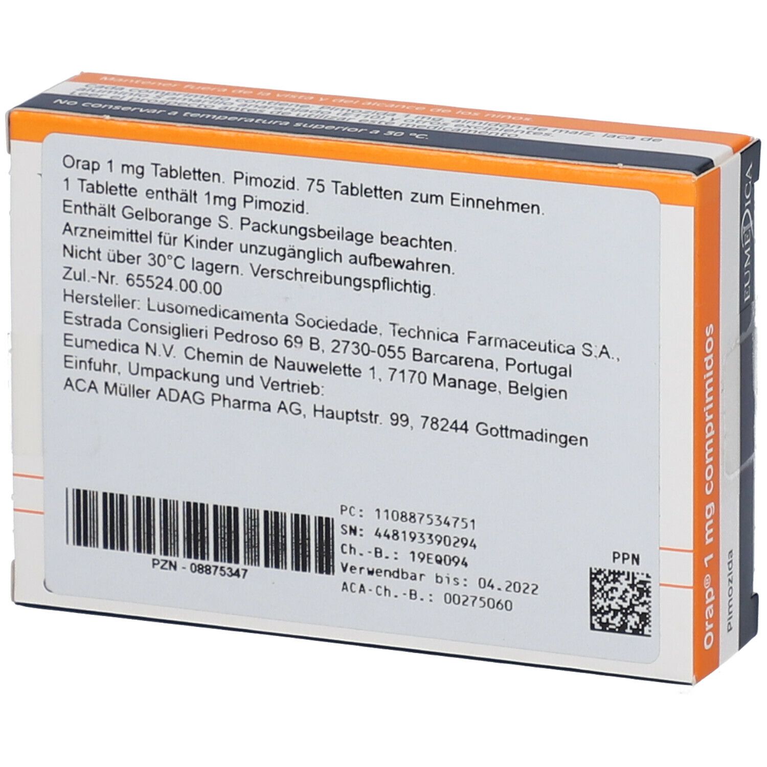 Orap 1 mg Tabletten-Packung. Rückseite mit Text, Barcode und Herstellerinformationen. Orangefarbene und weiße Verpackung.