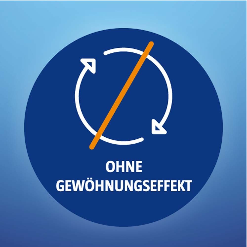 Blauer Kreis mit weißem Kreislauf und orangenem Strich. Text: Ohne Gewöhnungseffekt.