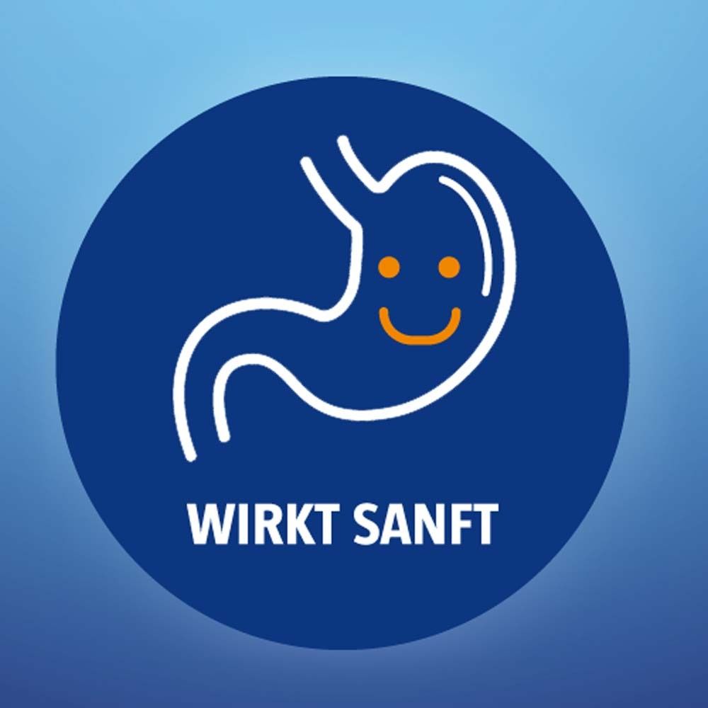 Blauer Kreis mit weißem Magen-Symbol und lächelndem Gesicht. Text: Wirkt sanft.