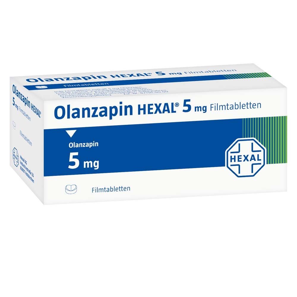 Schachtel OLANZAPIN HEXAL 5 mg Filmtabletten. Blaue und weiße Verpackung mit Produktinformationen und HEXAL-Logo.