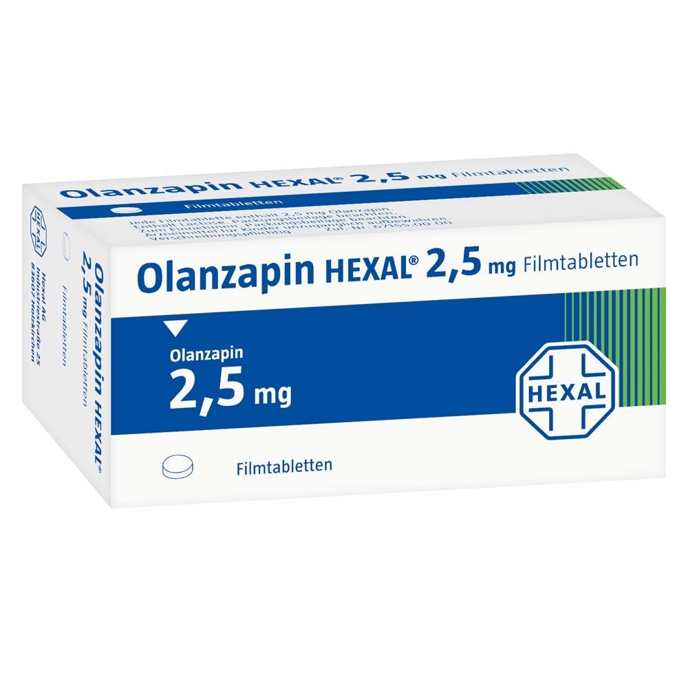 Schachtel mit Olanzapin HEXAL 2,5 mg Filmtabletten. Blaue und weiße Verpackung mit HEXAL-Logo. Schriftzug: 2,5 mg Filmtabletten.