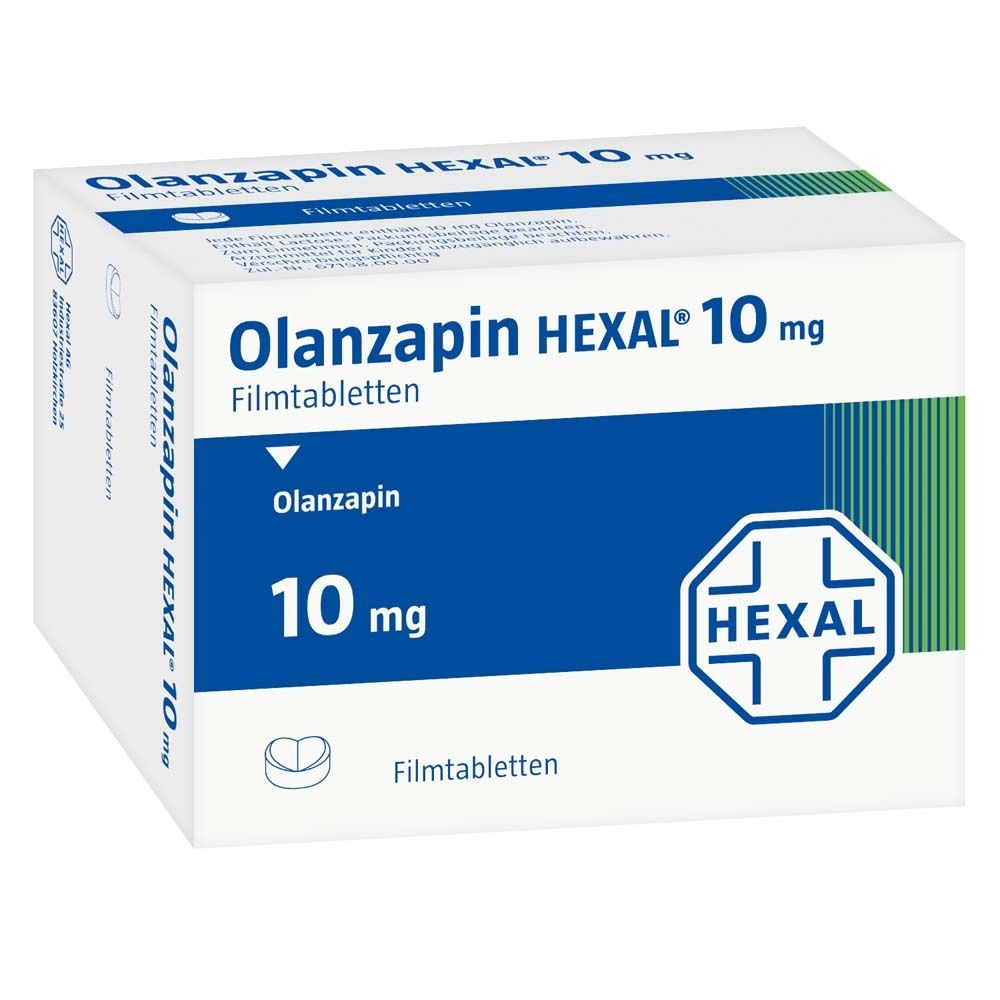 Schachtel Olanzapin HEXAL® 10 mg Filmtabletten. Blaue und weiße Verpackung mit HEXAL-Logo und Produktinformationen.