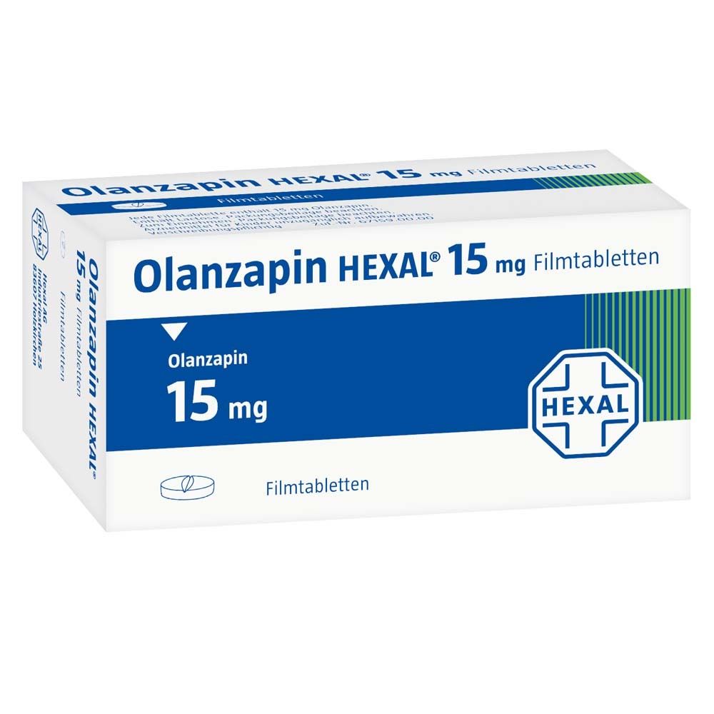 Schachtel mit OLANZAPIN HEXAL 15 mg Filmtabletten. Weiß, blau und grün. Schriftzug: Olanzapin HEXAL 15 mg Filmtabletten.