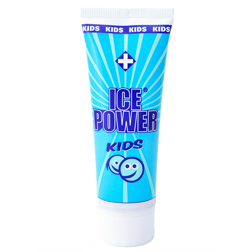 Blau-weiße Tube. Aufschrift ICE POWER KIDS. Logo mit Kreuz. Zwei lächelnde Gesichter. Schriftzug KIDS.