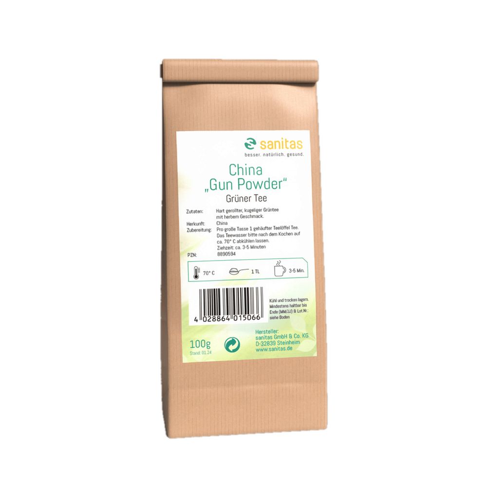 Grüner Tee China Gun Powder in brauner Papiertüte, 100g.