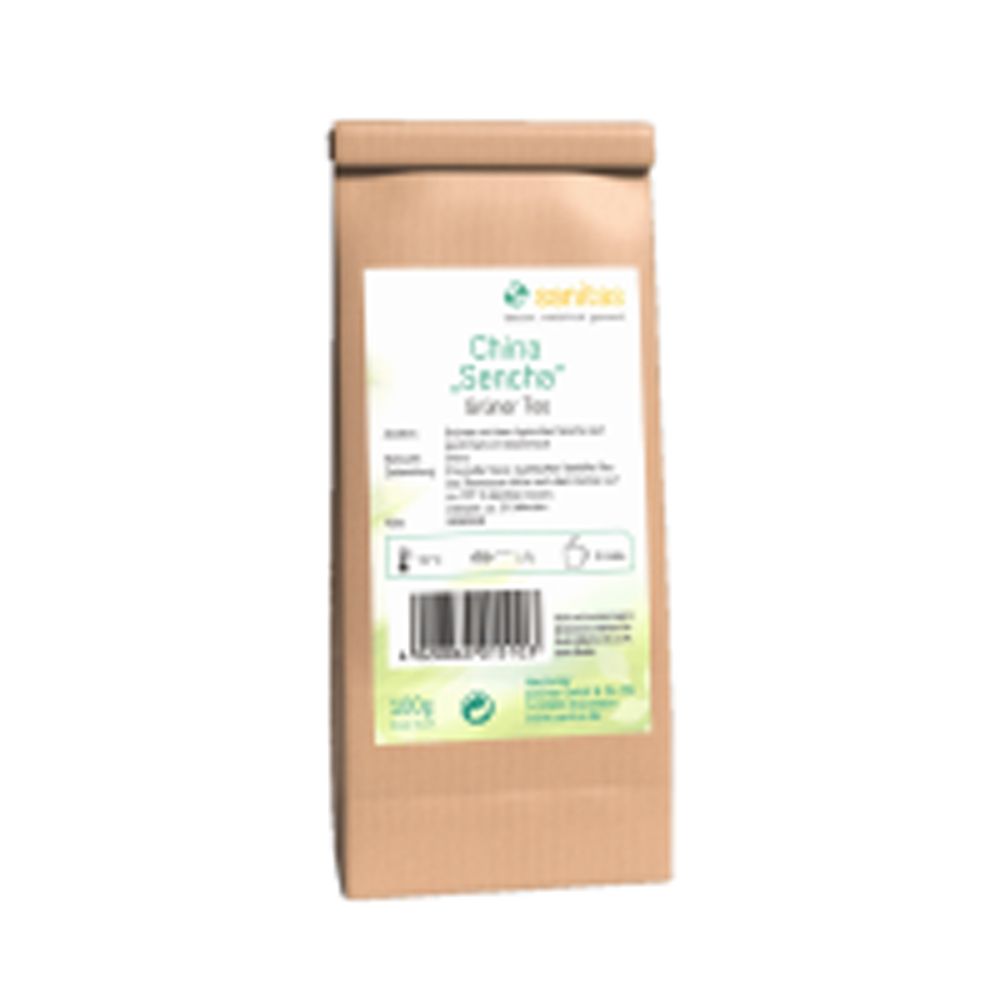 Braune Papiertüte mit Etikett für Grüner Tee Sencha, 200g.