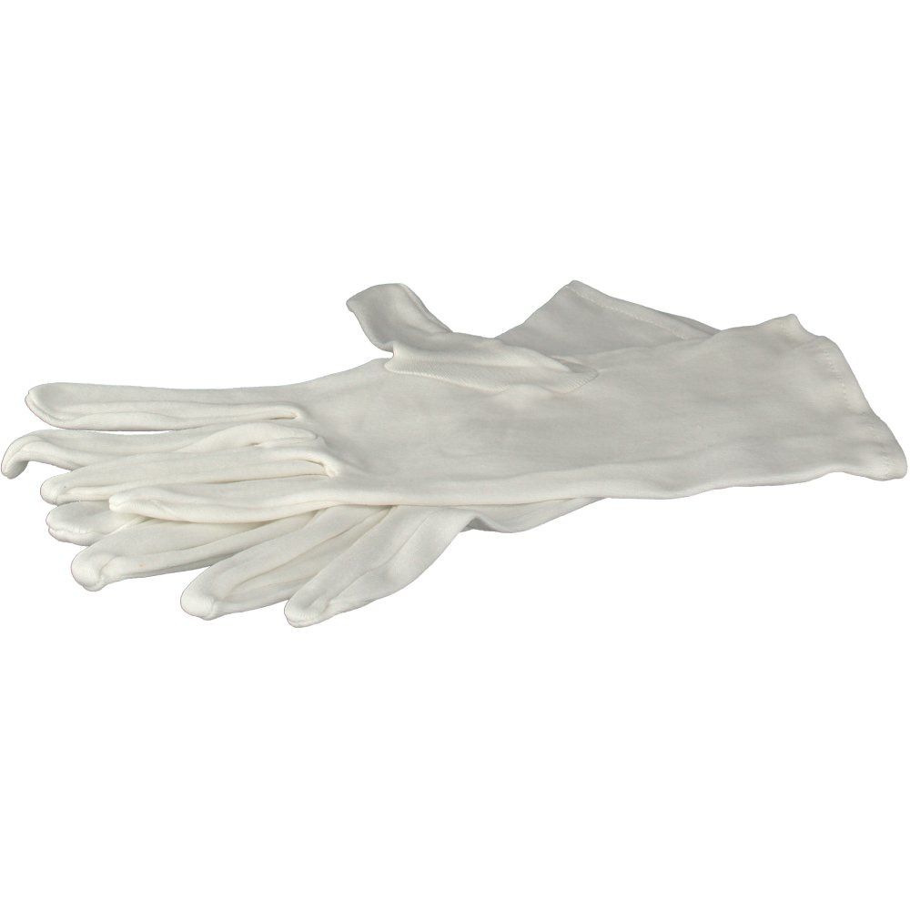 Zwei weiße Zwirnhandschuhe, Größe 15, liegen nebeneinander. Baumwollstoff.