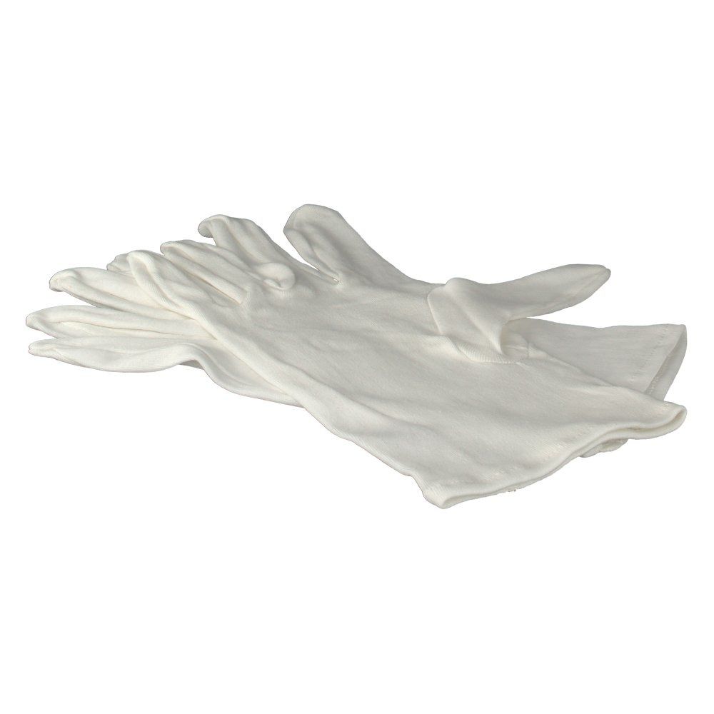 Zwei weiße Zwirnhandschuhe, Größe 15, liegen übereinander. Baumwollstoff.