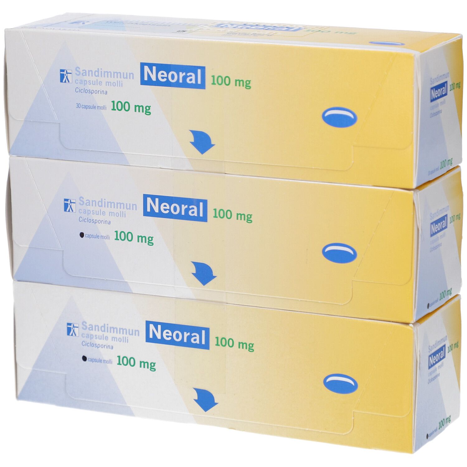 Drei Schachteln SANDIMMUN Neoral 100 mg Kapseln. Gelb-weiße Verpackung mit blauer Schrift. Aufdruck: Sandimmun, Neoral, 100 mg.