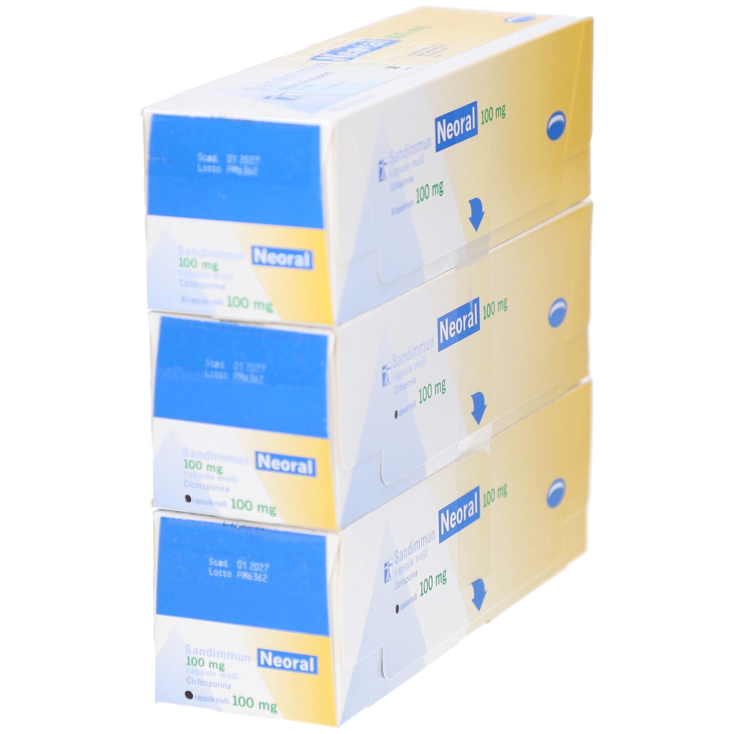 Drei Schachteln SANDIMMUN Neoral 100 mg Kapseln. Gelb-weiße Verpackung mit blauer Schrift. Aufdruck: Sandimmun, Neoral, 100 mg.